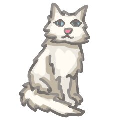 Drawing of the cat from the Cat Adventure game. A fluffy white cat drawn in a cartoonish style.